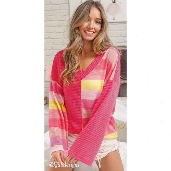 LAST 1! Fuchsia V Neck Lightweight Waffle Knit Color Block Top! - Picture 5 of 13